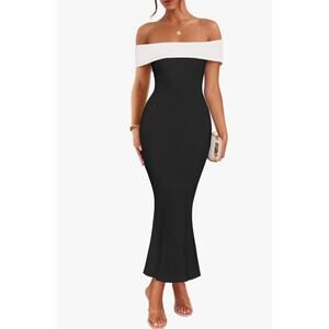 NWT Women's Knitted Black White Off Shoulder Evening Dress Ribbed Bodycon L